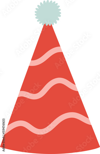Red party hat with light blue pom pom and wavy pattern