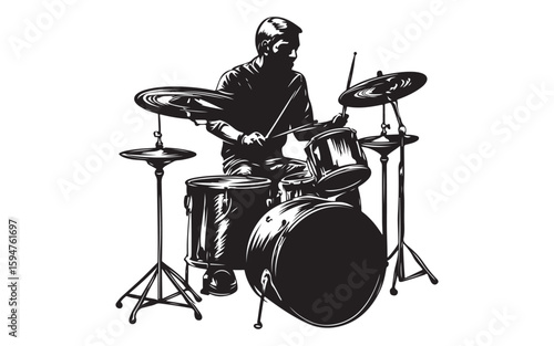 Drummer Silhouette Vector  Rock Band Drum Kit Illustration Art