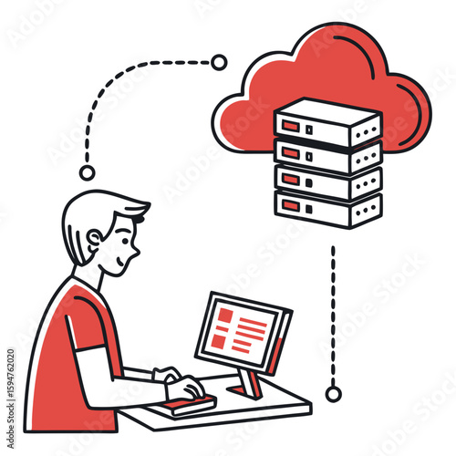 Man Working on Computer with Cloud Server Data Storage Illustration