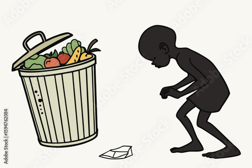 Illustration of a dark figure looking into a trash can filled with produce and a piece of paper nearby