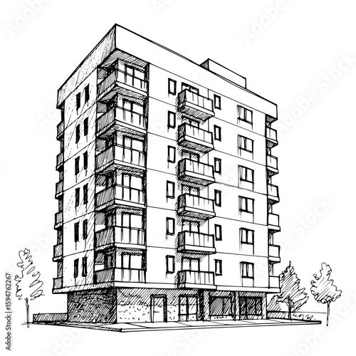 Sketch of modern apartment building with balconies and trees, isolated vector image on transparent background, pencil drawing 