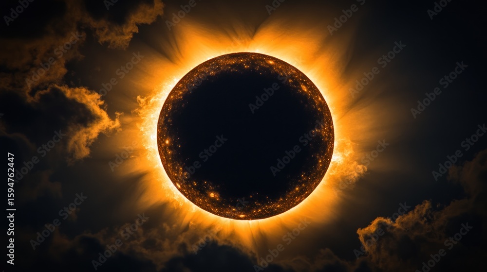 Obraz premium Total solar eclipse, dark moon obscuring sun, bright corona, dramatic clouds.