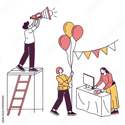 People Celebrating at an Event with Megaphone and Balloons