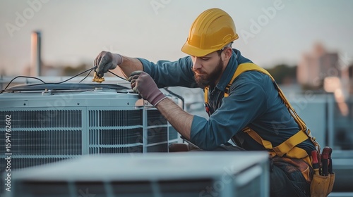 A photo-realistic HVAC technician skillfully repairing an air conditioning unit on a rooftop in a high-quality skilled trade scene.