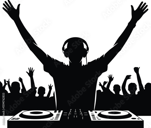Dj playing music silhouette with colorful lights
