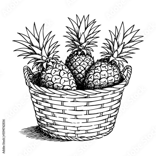 Basket of four pineapples sketched in black, isolated vector image on transparent background, pencil drawing