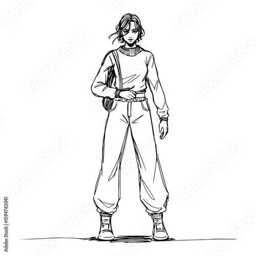 Young woman standing confidently with backpack, isolated vector image on transparent background, pencil drawing  