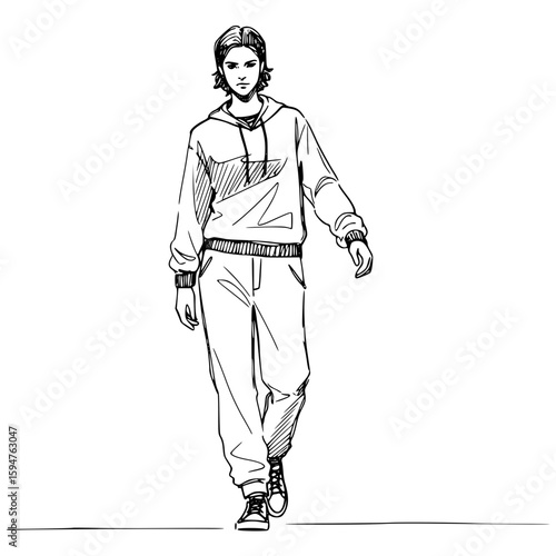 Young man walking in casual outfit with confidence and style, isolated vector image on transparent background, pencil drawing 