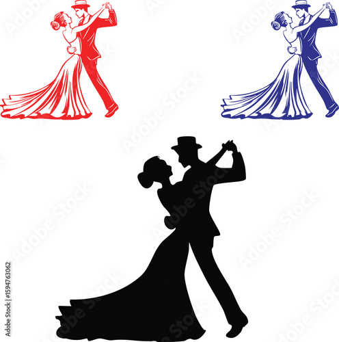 Vector of silhouettes of dancing couples easy to use in wedding cards, posters, dancing events