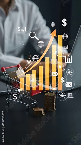 E-commerce growth fuels business expansion: man on laptop navigates online sales with increasing financial gains & global connectivity.