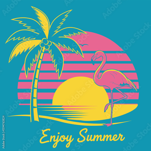 Flamingo island vibes. Summer mood graphic design. Sunshine paradise graphic print design. Ocean abstract wave. Palm beach paradise club artwork. Enjoy beach life.