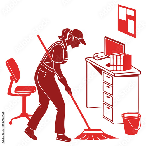 Red Silhouette of a Cleaning Woman Mopping Office Floor