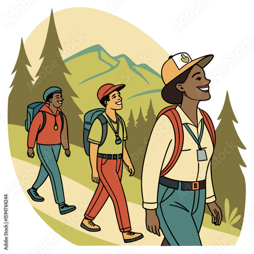 Smiling Hikers on a Mountain Trail