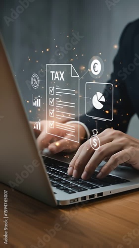 Filing Taxes Online: Businessman completes tax returns with digital charts, percentage, euro, and dollar icons on laptop