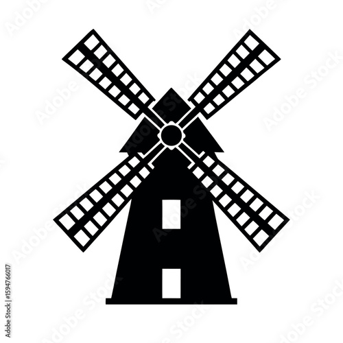Traditional windmill with rotating blades structure Silhouette Vector illustration
