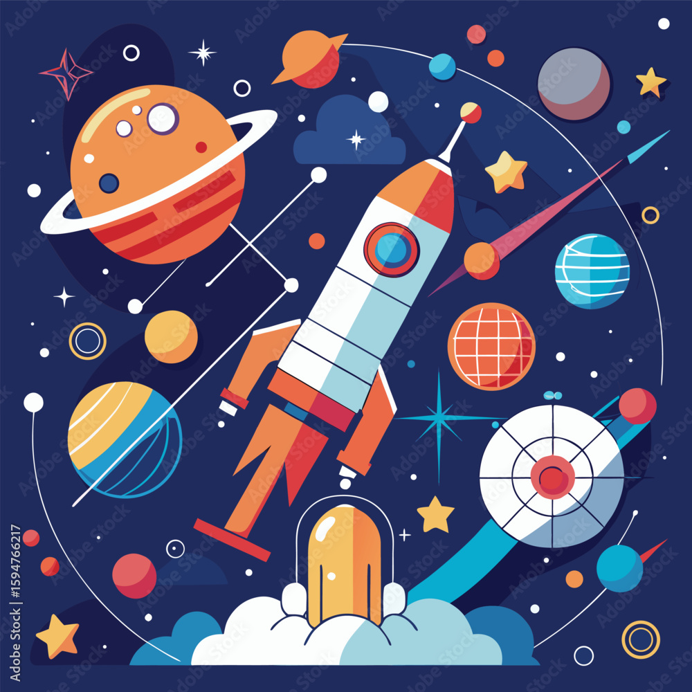 Fototapeta premium Vector space exploration concept with rocket, telescope, orbit lines and abstract constellations in background.eps