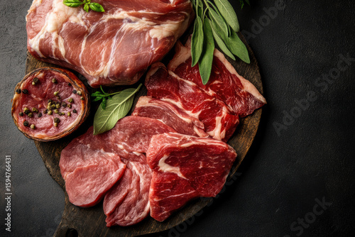 Raw beef steaks with fresh rosemary, black peppercorns, red berries and coarse salt on dark slate background, premium butcher meat ingredients for cooking
