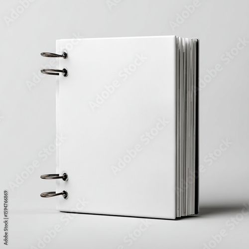 White binder with silver rings on light gray background