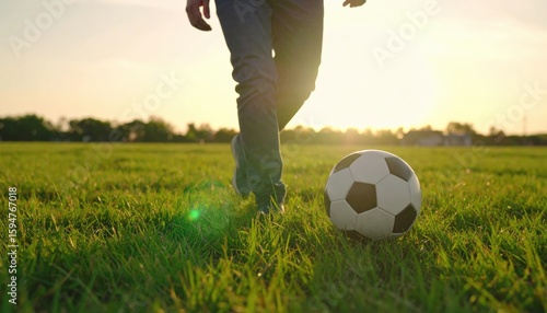 Young Man Juggling Soccer Ball at Stadium Sunset Practicing Freestyle Football