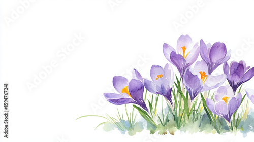 Watercolor botanical illustration of purple crocus flowers blooming lush green setting, evoking sense of tranquility