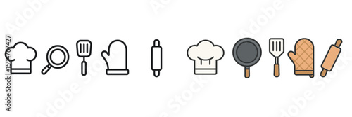 Kitchen utensils and chef icons representing culinary tools and activities in a minimalist design