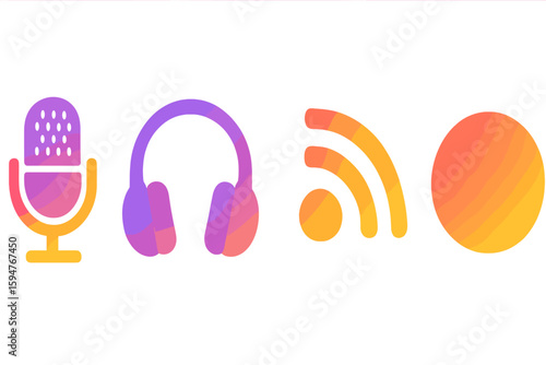 Colorful audio icons representing voice, listening, broadcasting, and sound design in a modern digital context