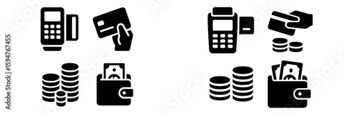 Payment methods and transactions illustrated with credit cards, wallets, and coins in a simple design style