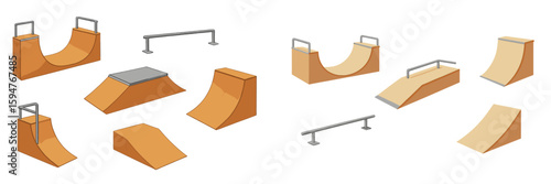 Skate park ramps and rails for urban skateboarding and extreme sports activities