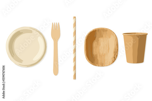 Eco-friendly dinnerware collection displayed horizontally with utensils and containers for sustainable dining