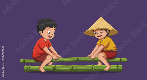 Children Playing Bamboo Tightrope Walking