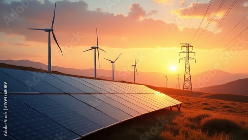 Solar Panels Wind Turbines and Power Lines at Sunset 2