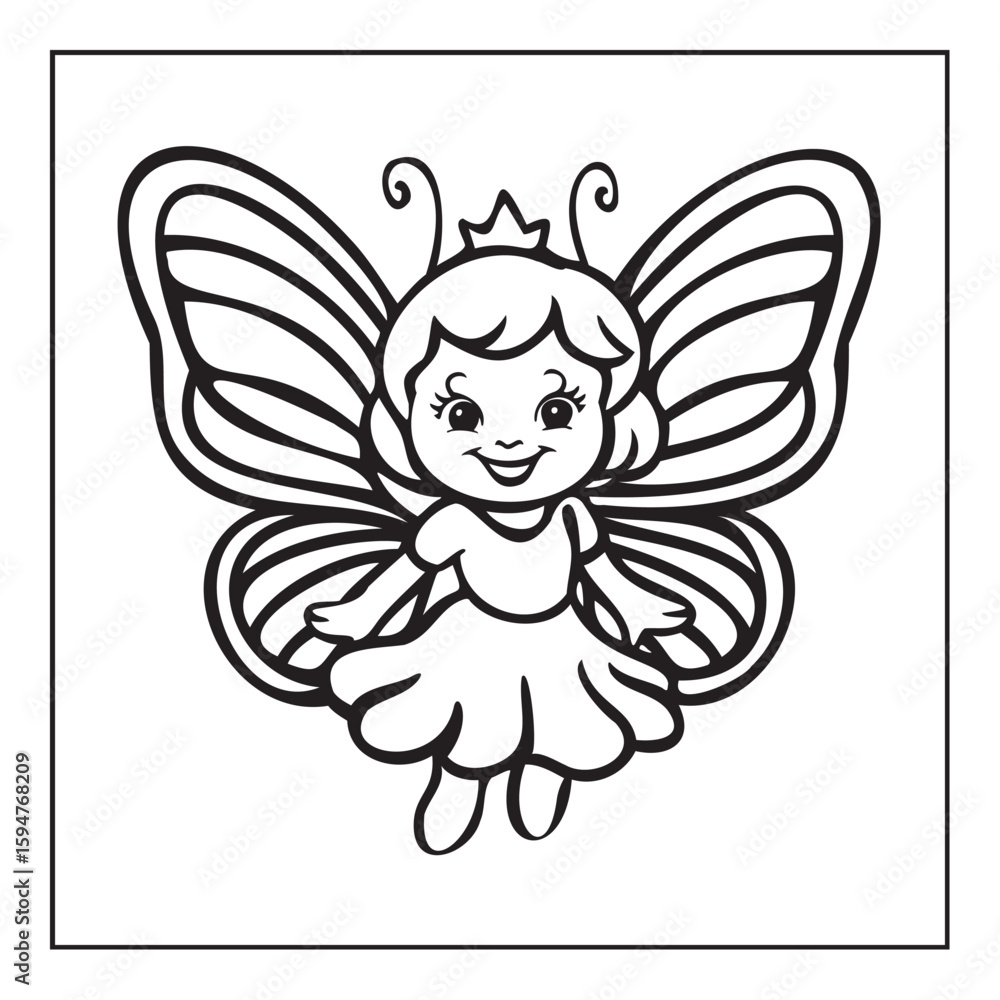 Fototapeta premium Cute Butterfly Fairy with Crown, Cartoon Coloring Page Illustration