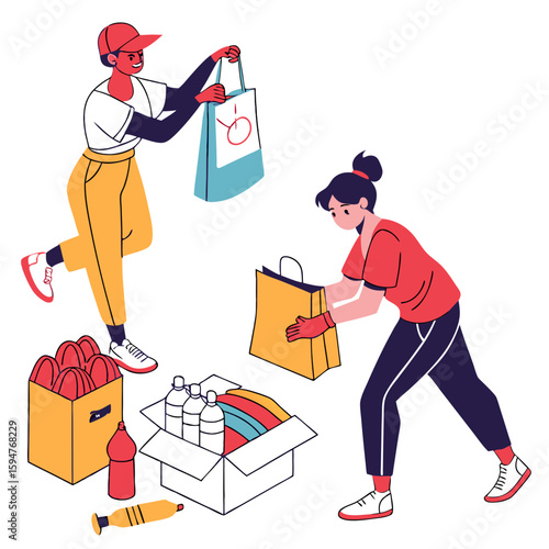 Two Women Volunteering, Sorting Donations: A Colorful Illustration