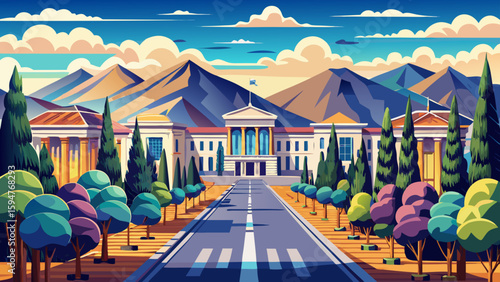 Dushanbe, Tajikistan – Tree-lined boulevards, neoclassical facades, and surrounding mountains create a graceful, elegant vector-ready composition full of charm and peace.