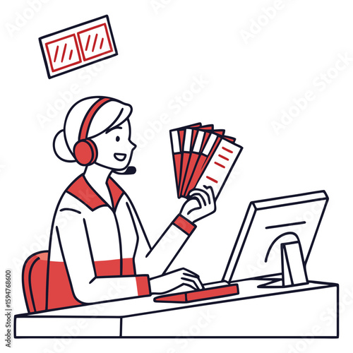 Woman Customer Service Representative at Desk with Headset and Documents