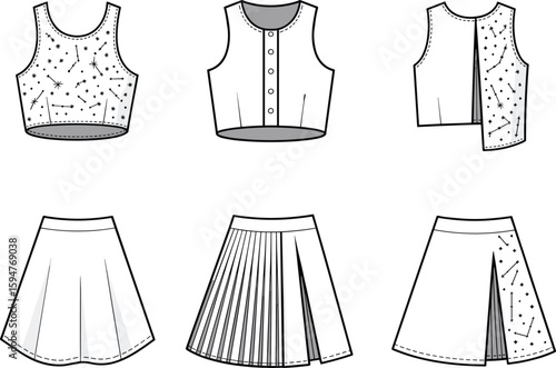 Cad drawing flat vector illustration, crop tops and skirts fashion template, stylish apparel design, modern clothing sketches for download