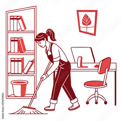 Woman Mopping Office Floor in Red Illustration