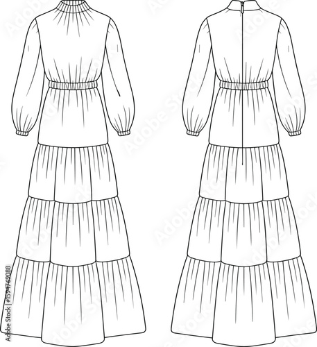 Elegant tiered maxi dress with long sleeves, high neckline, gathered waist, fashion garment CAD drawing flat vector illustration, front back views