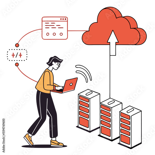 Woman Uploads Data to Cloud Server Using Laptop