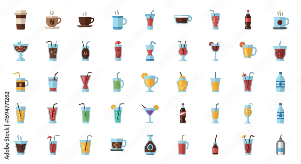 Obraz premium Flat Icon Set of Various Drinks and Beverages