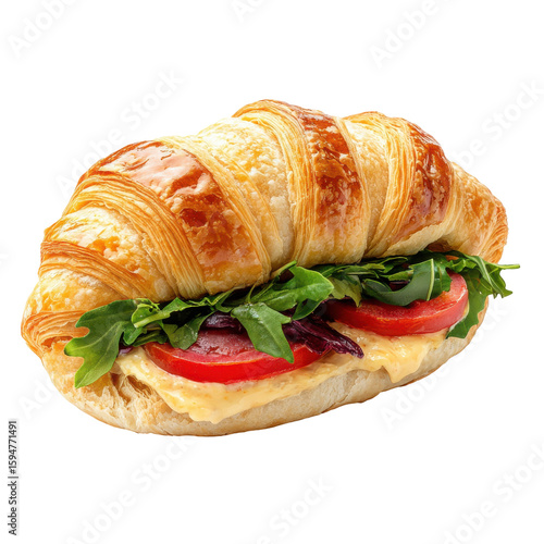 Fresh Croissant Sandwich with Cheese, Tomato, and Arugula on a White Background on transparent background