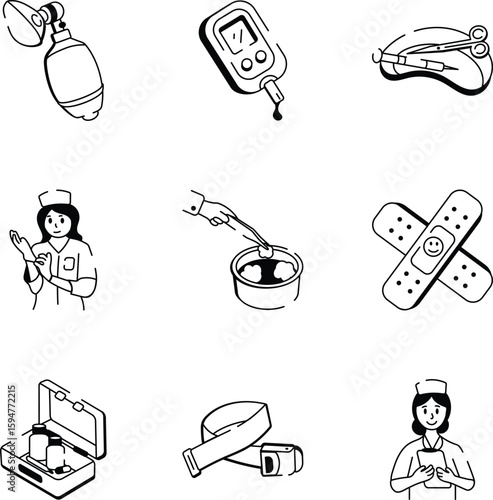 Pack of Nursing Profession Doodle Icons 
