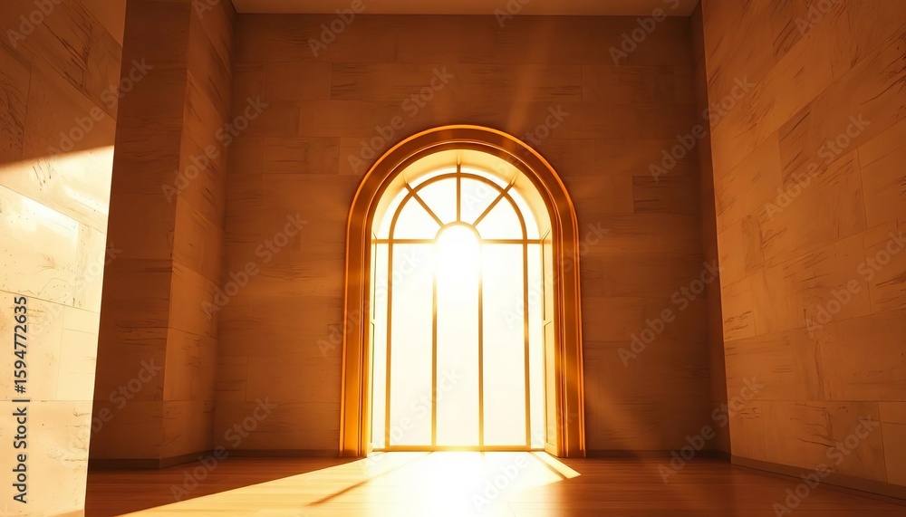 Naklejka premium Sunlit modern room, golden archway detail, textured walls, contemporary, sophisticated