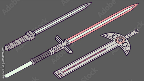 Detailed illustration of three distinct fantasy and sci-fi swords: a classic silver dagger, a red crossguard lightsaber, and a unique broadsword weapon design.