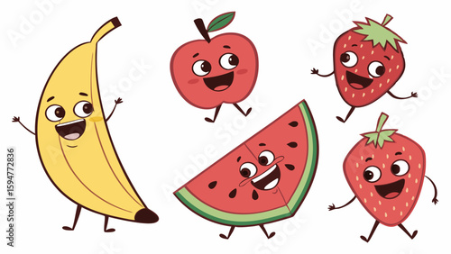 Cheerful cartoon fruits dancing and smiling. Happy animated yellow banana, red apple, watermelon slice, and two strawberries with cute faces. Kids vector art.