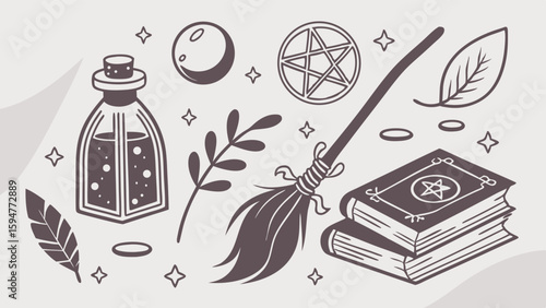 Detailed mystical hand drawn witchy magic tools illustration with a potion bottle, glowing crystal ball, pentagram, magical broom, ancient spellbooks, mystical leaves, and feather