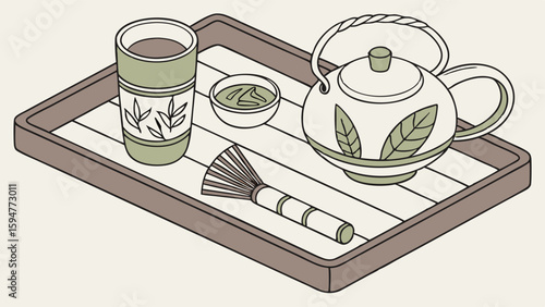 Isometric Flat Design Matcha Tea Set Illustration with Teapot, Bamboo Whisk, and Green Tea Cup on a Tray for Traditional Ceremony