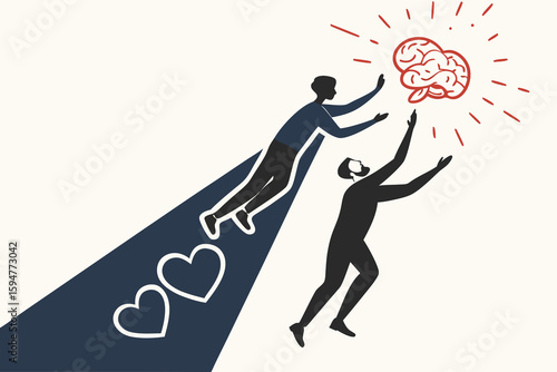 Two figures reaching for a brain above a path of hearts representing aspiration and connection
