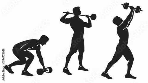 Black and white vector silhouettes of a man performing various weightlifting exercises, including a clean, squat, and overhead press, for strength training and fitness.