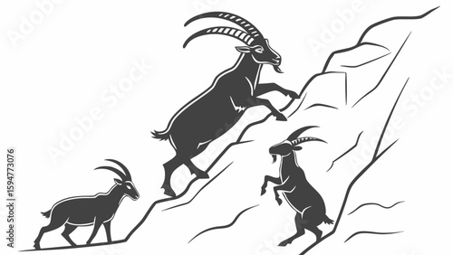 Black and white vector illustration of three agile mountain goats (ibex) climbing a steep, rugged rocky alpine cliff, showcasing wildlife agility.